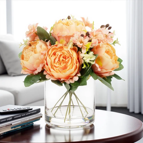 Mixed Artificial Peony Flower Arrangement in Glass Vase with Faux Water (New) — Available in 5 Colors