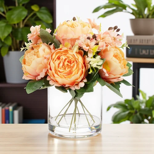 Mixed Artificial Peony Flower Arrangement in Glass Vase with Faux Water (New) — Available in 5 Colors