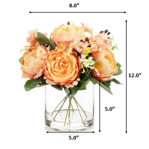 Mixed Artificial Peony Flower Arrangement in Glass Vase with Faux Water (New) — Available in 5 Colors