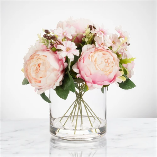 Mixed Artificial Peony Flower Arrangement in Glass Vase with Faux Water (New) — Available in 5 Colors
