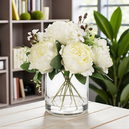 Mixed Artificial Peony Flower Arrangement in Glass Vase with Faux Water (New) — Available in 5 Colors