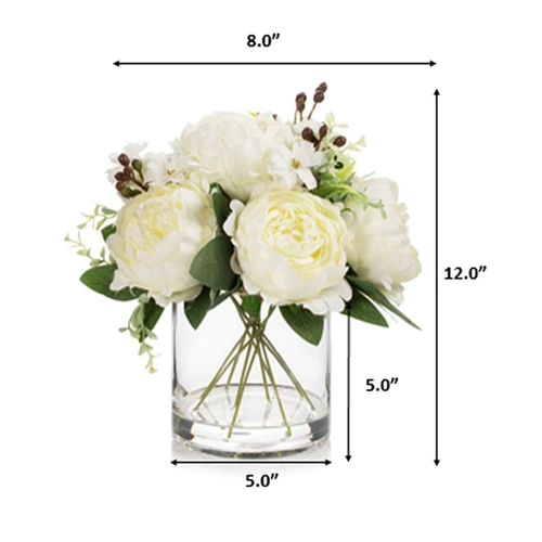 Mixed Artificial Peony Flower Arrangement in Glass Vase with Faux Water (New) — Available in 5 Colors
