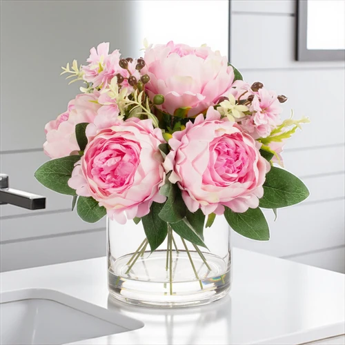 Mixed Artificial Peony Flower Arrangement in Glass Vase with Faux Water (New) — Available in 5 Colors