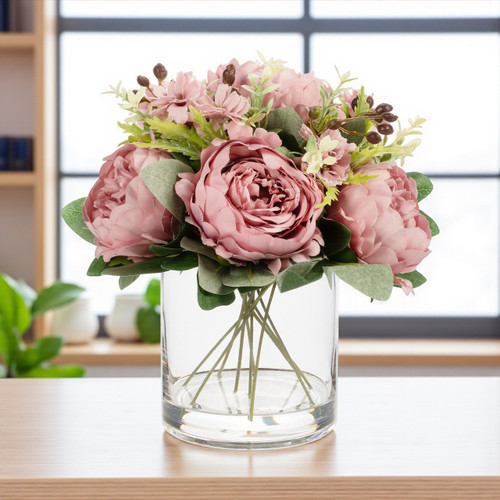 Mixed Artificial Peony Flower Arrangement in Glass Vase with Faux Water (New) — Available in 5 Colors