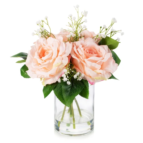 4 Large Silk Rose Flowers in Clear Glass Vase With Faux Water (New) — Available in 5 Colors