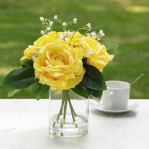 4 Large Silk Rose Flowers in Clear Glass Vase With Faux Water (New) — Available in 5 Colors