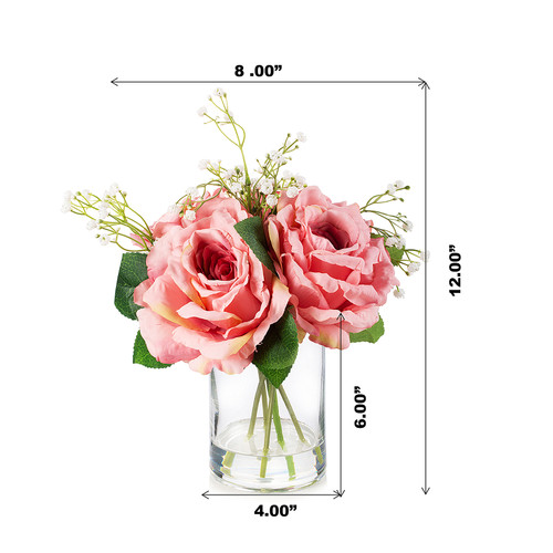 4 Large Silk Rose Flowers in Clear Glass Vase With Faux Water (New) — Available in 5 Colors