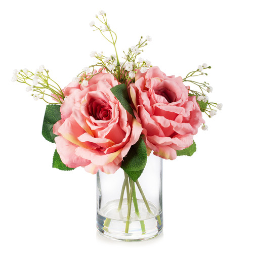 4 Large Silk Rose Flowers in Clear Glass Vase With Faux Water (New) — Available in 5 Colors