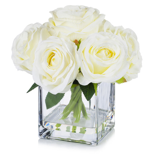 7 Stems Large  Artificial Roses Flower Arrangement in Cube Glass Vase (New) — Available in 3 Colors