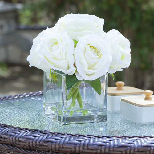 7 Stems Large  Artificial Roses Flower Arrangement in Cube Glass Vase (New) — Available in 3 Colors