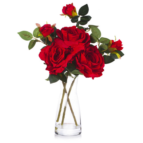 3 Large Stems Artificial Roses Flower in Clear Glass Vase With Faux Water (New) — Available in 4 Colors