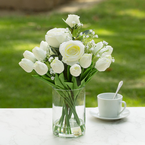 Mixed Artificial Real Touch Tulip and Rose Flower Arrangement in Clear Glass Vase with Faux Water (New) — Available in 3 Colors
