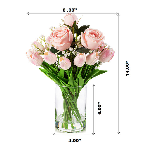 Mixed Artificial Real Touch Tulip and Rose Flower Arrangement in Clear Glass Vase with Faux Water (New) — Available in 3 Colors