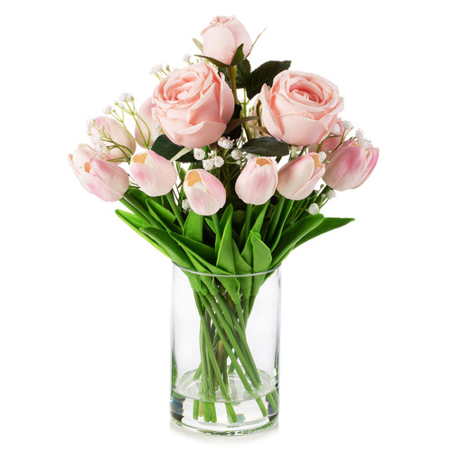 Mixed Artificial Real Touch Tulip and Rose Flower Arrangement in Clear Glass Vase with Faux Water (New) — Available in 3 Colors