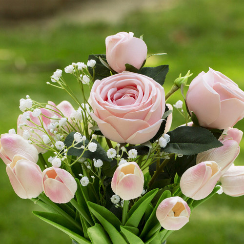 Mixed Artificial Real Touch Tulip and Rose Flower Arrangement in Clear Glass Vase with Faux Water (New) — Available in 3 Colors