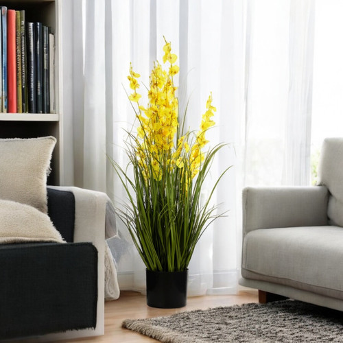 36" Mixed Artificial Grass and Orchid Flowers in Black Nursery Pot (New) — Available in 4 Colors