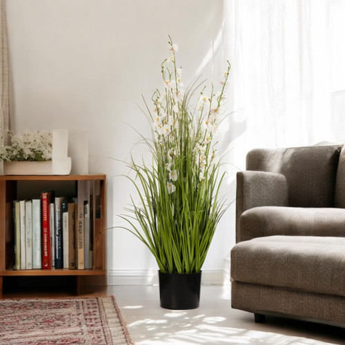 36" Mixed Artificial Grass and Orchid Flowers in Black Nursery Pot (New) — Available in 4 Colors