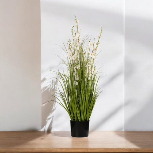 36" Mixed Artificial Grass and Orchid Flowers in Black Nursery Pot (New) — Available in 4 Colors