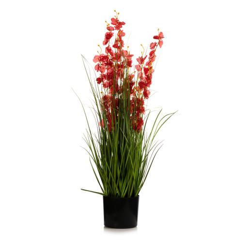 36" Mixed Artificial Grass and Orchid Flowers in Black Nursery Pot (New) — Available in 4 Colors