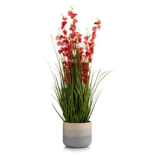 36" Mixed Artificial Grass and Orchid Flowers in Black Nursery Pot (New) — Available in 4 Colors
