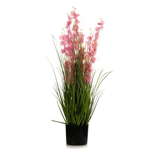 36" Mixed Artificial Grass and Orchid Flowers in Black Nursery Pot (New) — Available in 4 Colors