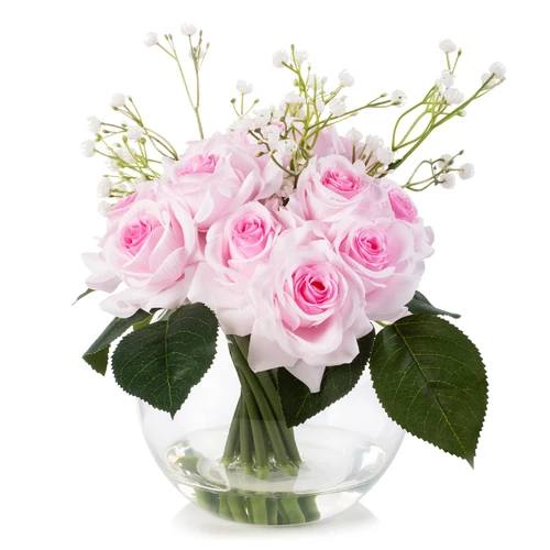 16 Pieces Mixed Artificial Rose and Baby Breath Flowers Arrangement in Clear Glass Vase with Faux Water (New) — Available in 5 Colors
