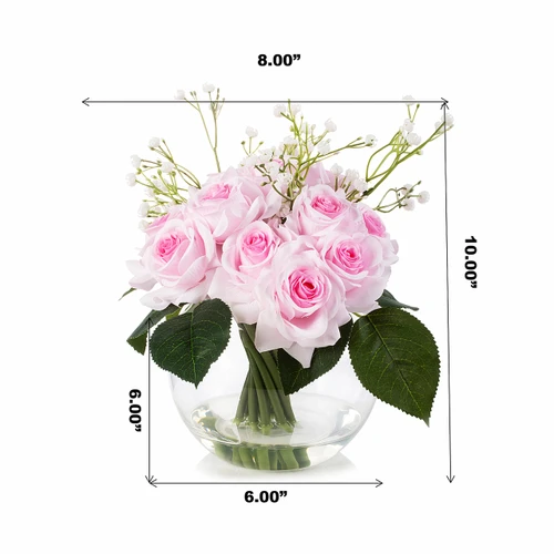 16 Pieces Mixed Artificial Rose and Baby Breath Flowers Arrangement in Clear Glass Vase with Faux Water (New) — Available in 5 Colors