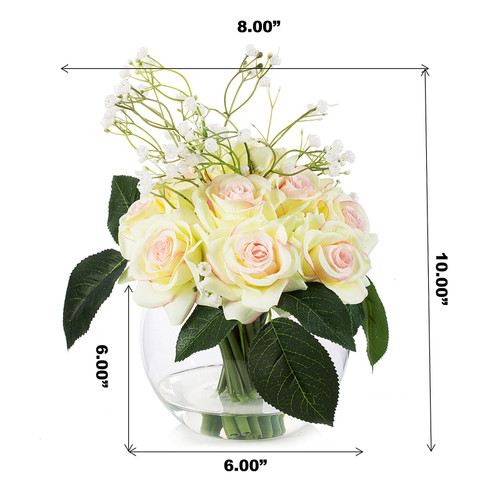 16 Pieces Mixed Artificial Rose and Baby Breath Flowers Arrangement in Clear Glass Vase with Faux Water (New) — Available in 5 Colors