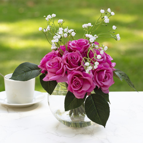 16 Pieces Mixed Artificial Rose and Baby Breath Flowers Arrangement in Clear Glass Vase with Faux Water (New) — Available in 5 Colors