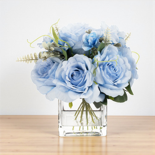 Artificial Rose Flower Arrangement in Glass Vase with Faux Water (New) — Available in 5 Colors