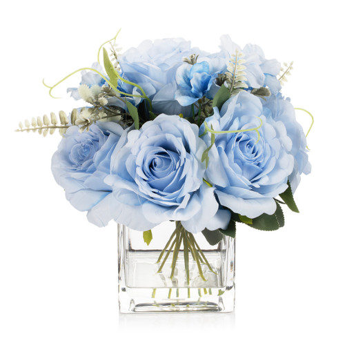 Artificial Rose Flower Arrangement in Glass Vase with Faux Water (New) — Available in 5 Colors