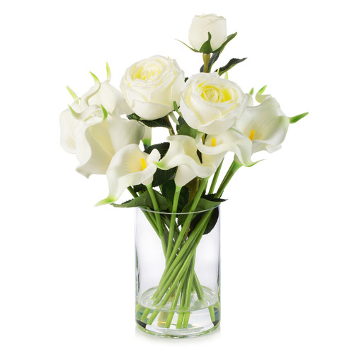 Mixed Artificial Real Touch Lily and Rose Flower Arrangement in Clear Glass Vase with Faux Water (New) — Available in 2 Colors