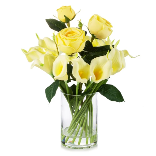 Mixed Artificial Real Touch Lily and Rose Flower Arrangement in Clear Glass Vase with Faux Water (New) — Available in 3 Colors
