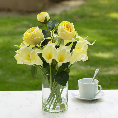 Mixed Artificial Real Touch Lily and Rose Flower Arrangement in Clear Glass Vase with Faux Water (New) — Available in 3 Colors