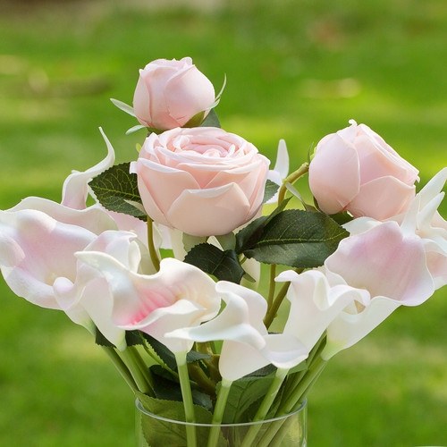 Mixed Artificial Real Touch Lily and Rose Flower Arrangement in Clear Glass Vase with Faux Water (New) — Available in 3 Colors