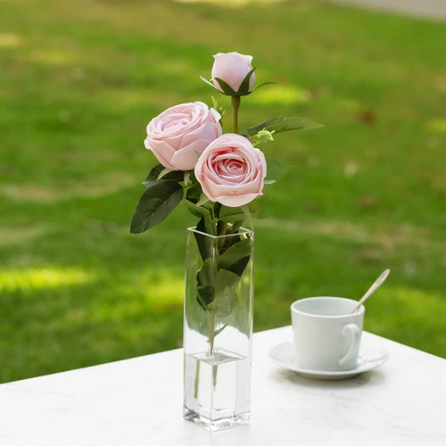 Artificial Silk Rose Flower in Clear Glass Vase (New) — Available in 6 Colors