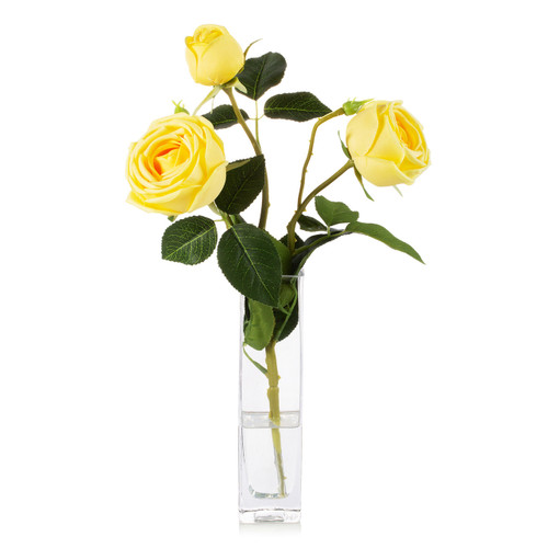 Artificial Silk Rose Flower in Clear Glass Vase (New) — Available in 6 Colors
