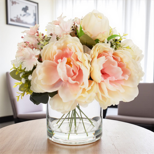 Artificial Peony Flower Arrangement in Glass Vase with Faux Water (New) — Available in 6 Colors
