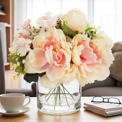 Artificial Peony Flower Arrangement in Glass Vase with Faux Water (New) — Available in 6 Colors