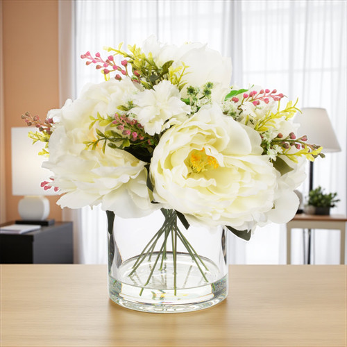 Artificial Peony Flower Arrangement in Glass Vase with Faux Water (New) — Available in 6 Colors