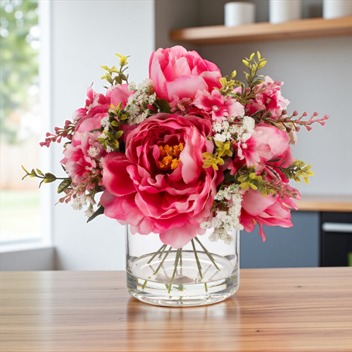 Artificial Peony Flower Arrangement in Glass Vase with Faux Water (New) — Available in 6 Colors