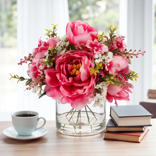 Artificial Peony Flower Arrangement in Glass Vase with Faux Water (New) — Available in 6 Colors