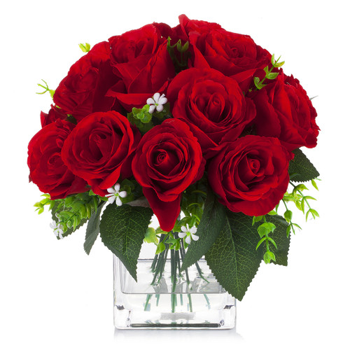 18 Heads Silk Rose Flower Arrangement in Clear Glass Vase with Faux Water (New) — Available in 2 Colors