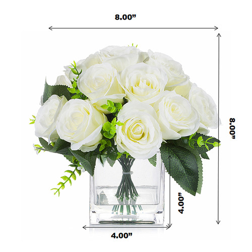 18 Heads Silk Rose Flower Arrangement in Clear Glass Vase with Faux Water (New) — Available in 3 Colors