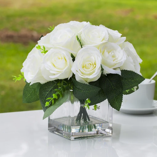 18 Heads Silk Rose Flower Arrangement in Clear Glass Vase with Faux Water (New) — Available in 3 Colors