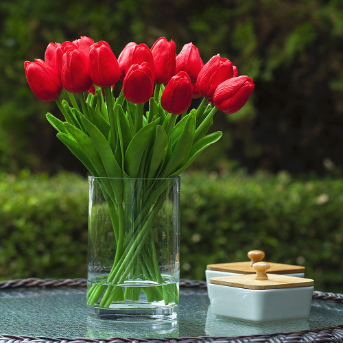 20 Pieces Artificial Real Touch Tulips Flower Arrangement in Glass Vase With Faux Water (New) — Available in 9 Colors