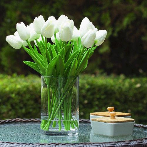 20 Pieces Artificial Real Touch Tulips Flower Arrangement in Glass Vase With Faux Water (New) — Available in 9 Colors