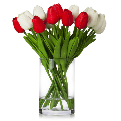 20 Pieces Artificial Real Touch Tulips Flower Arrangement in Glass Vase With Faux Water (New) — Available in 9 Colors