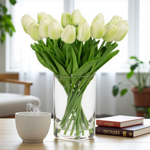 20 Pieces Artificial Real Touch Tulips Flower Arrangement in Glass Vase With Faux Water (New) — Available in 9 Colors