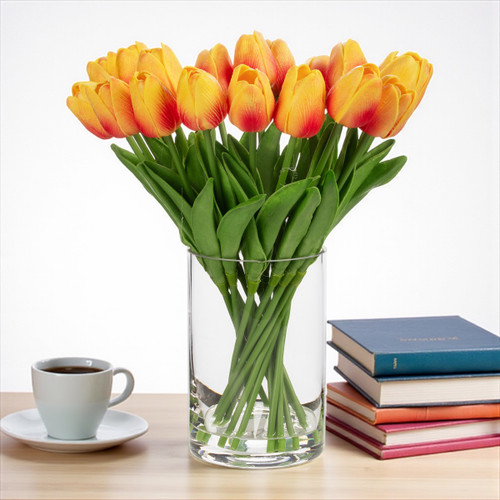 20 Pieces Artificial Real Touch Tulips Flower Arrangement in Glass Vase With Faux Water (New) — Available in 9 Colors